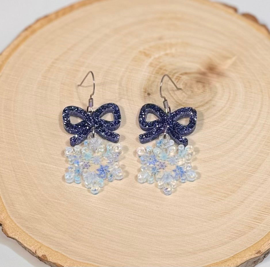 Shades of Blue Snowflake Dangle Earrings With Bow