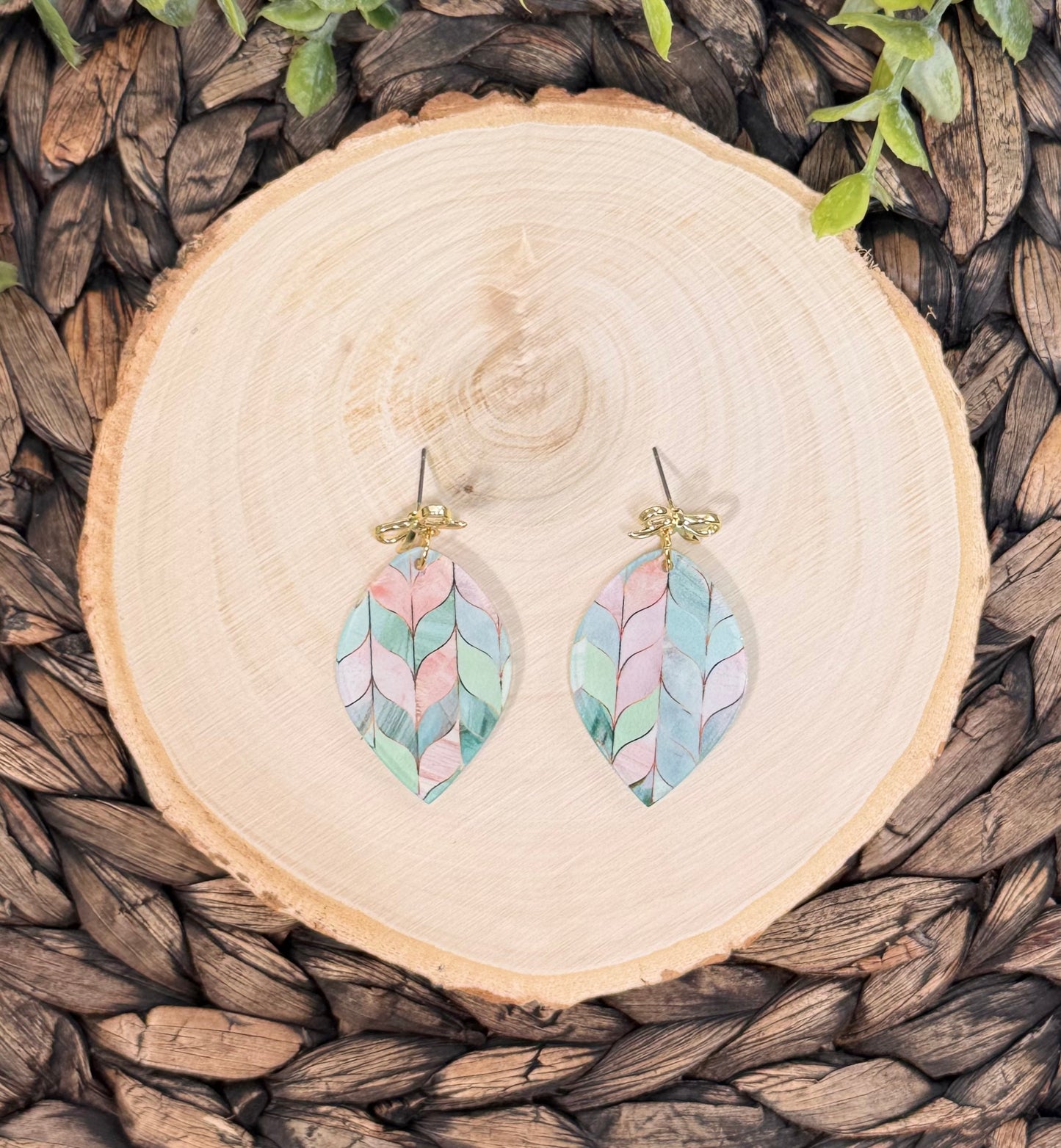Pastel Green and Pink Chevron Patterned Earrings