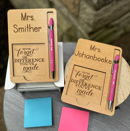 Personalized Teacher Post It Note Holder With Engraved Pen