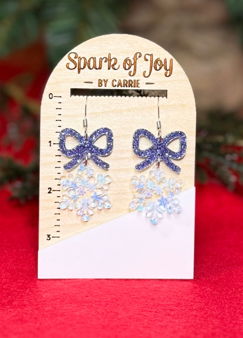 Shades of Blue Snowflake Dangle Earrings With Bow