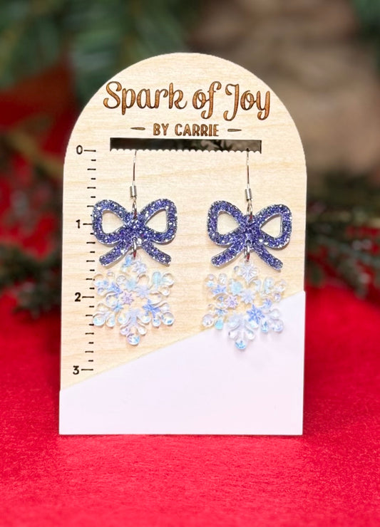 Shades of Blue Snowflake Dangle Earrings With Bow
