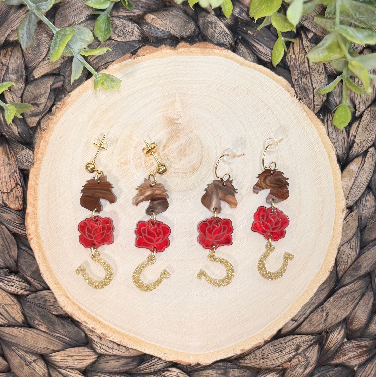 Kentucky Derby Triple Charm Dangle Earrings | Horse, Rose & Horseshoe