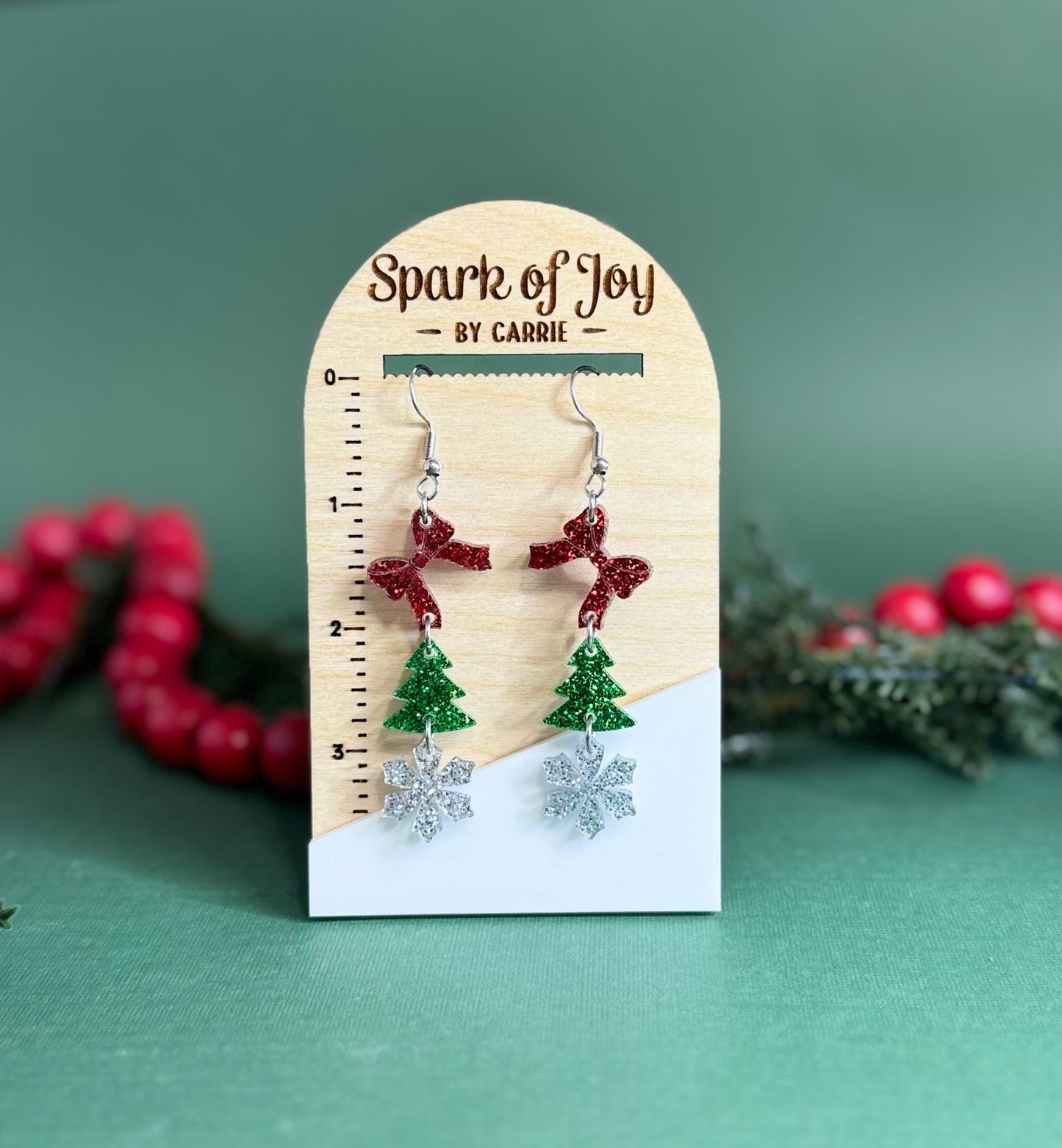 Christmas Bow, Tree and Snowflake Dangle Earrings