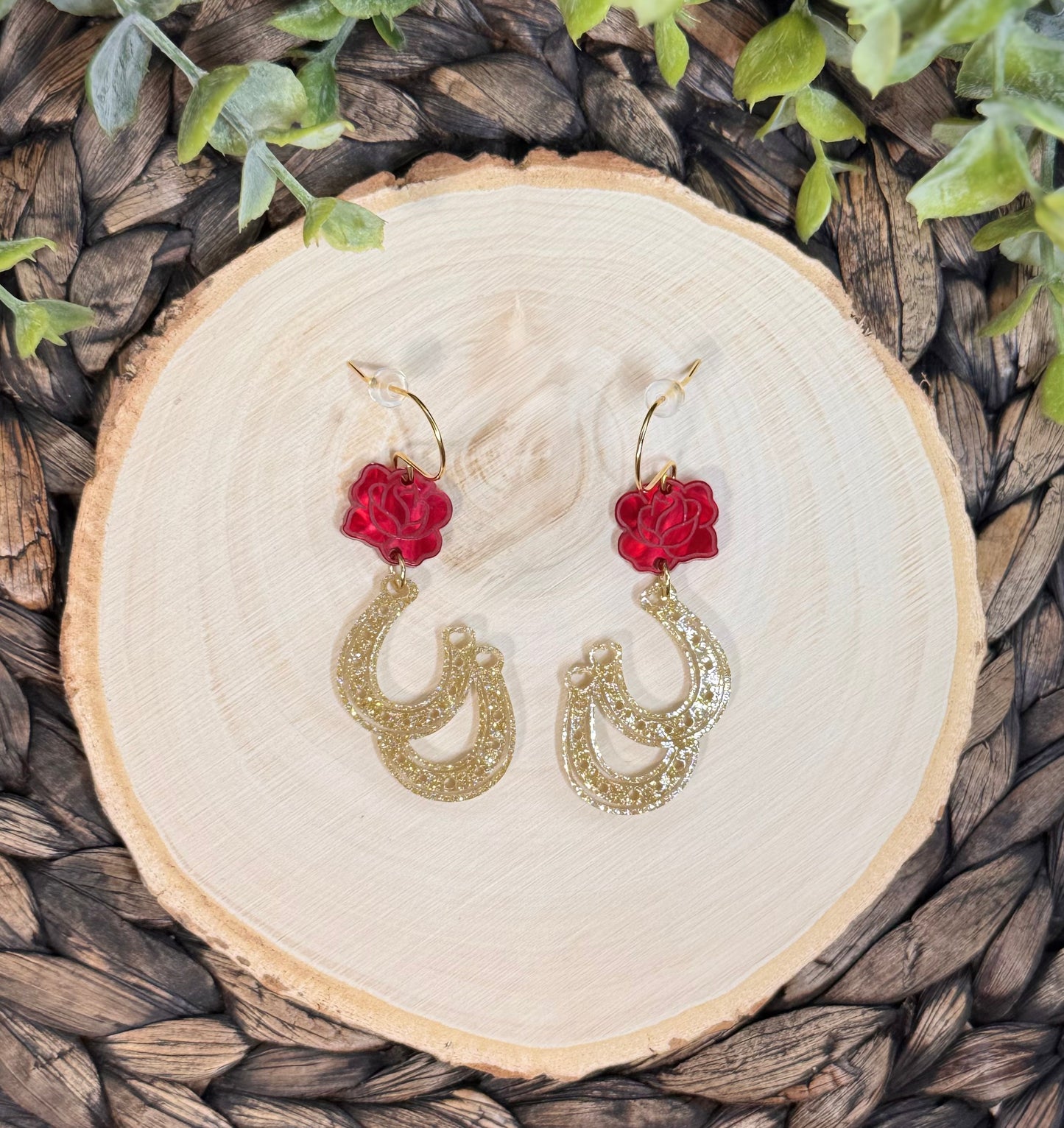 Kentucky Derby Rose & Horseshoe Dangle Earrings