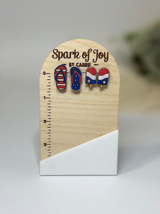 Red, white and blue wooden stud earrings