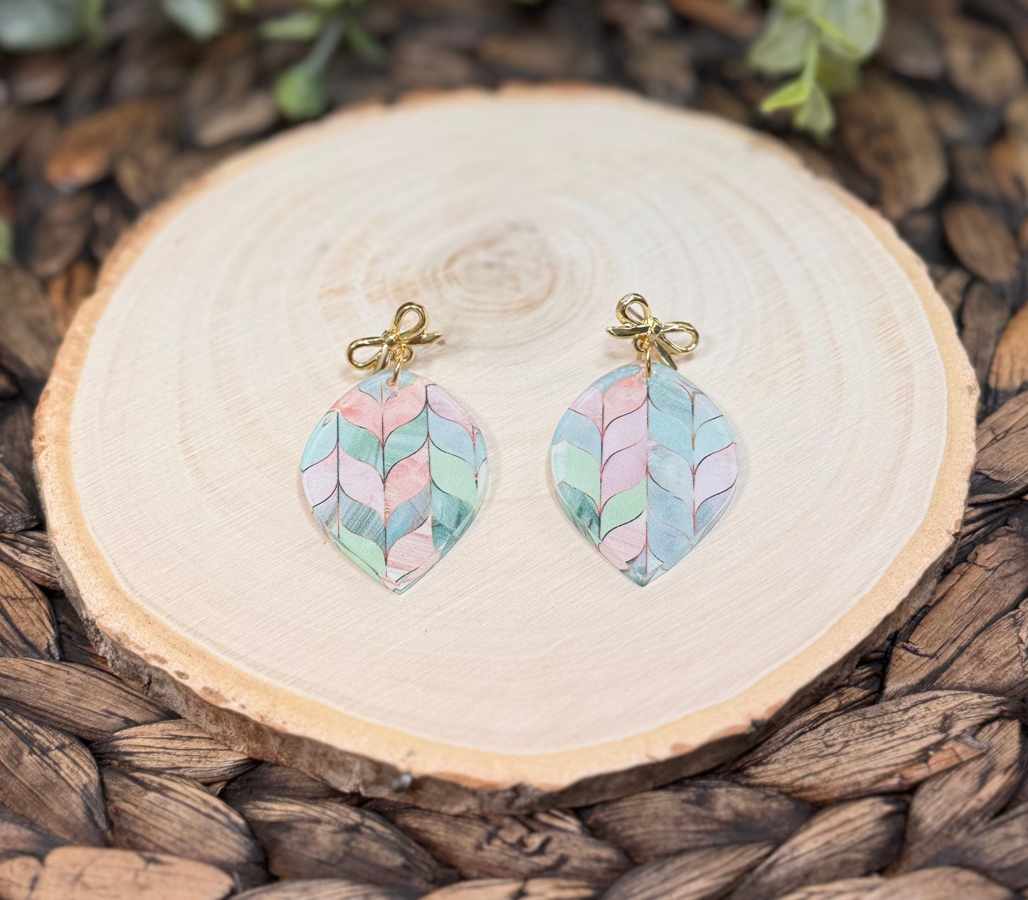 Pastel Green and Pink Chevron Patterned Earrings