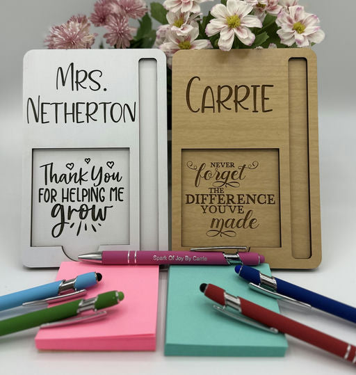 Personalized Teacher Post It Note Holder With Engraved Pen