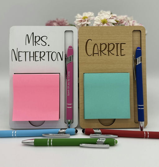 Personalized Teacher Post It Note Holder With Engraved Pen