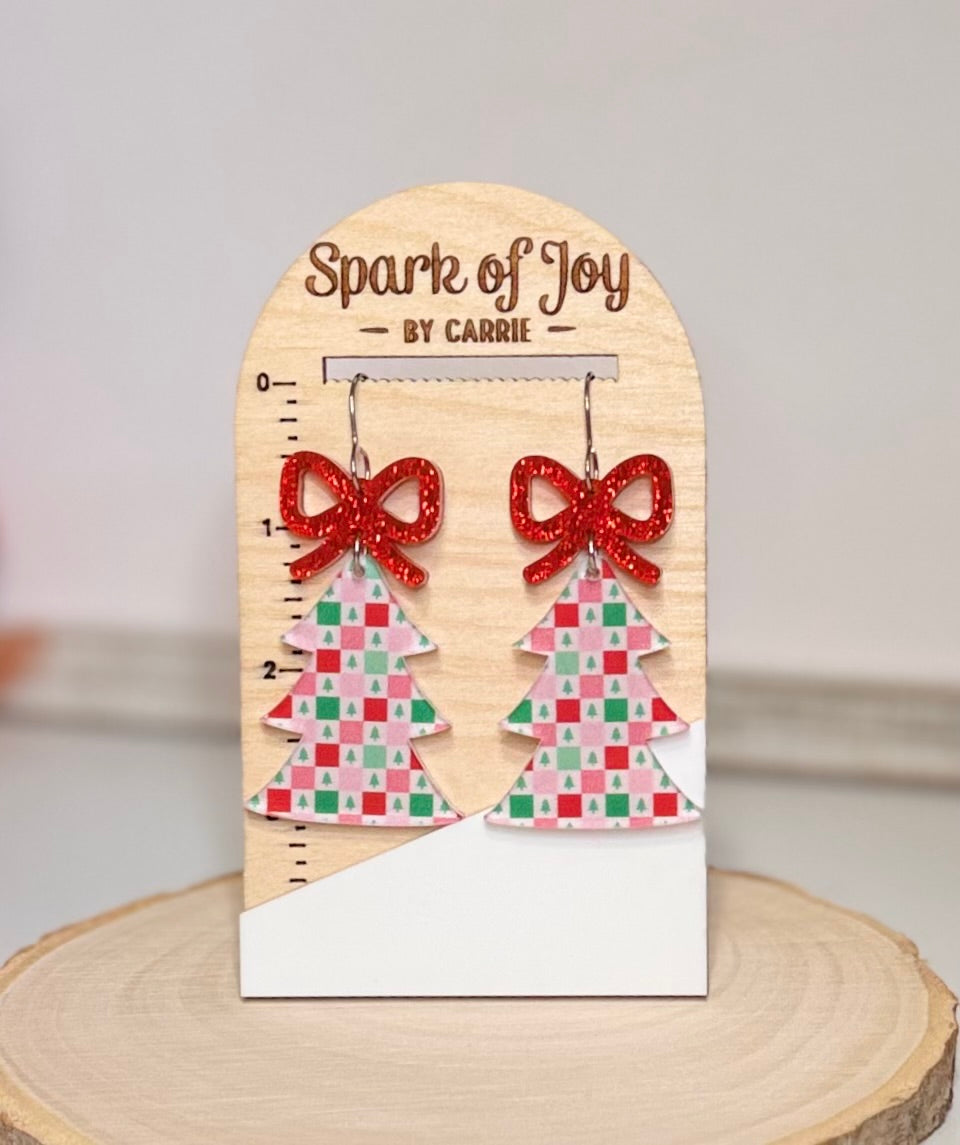 Retro Checkered Christmas Tree Dangle Earrings