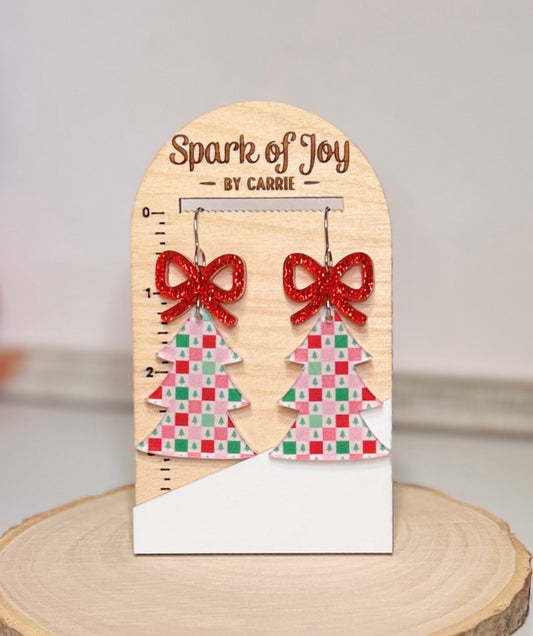 Retro Checkered Christmas Tree Dangle Earrings