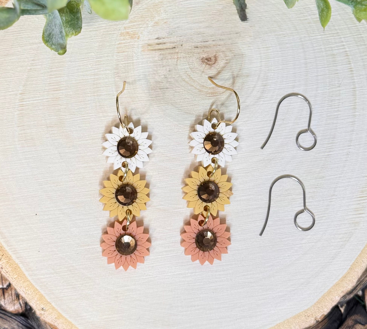 Mustard Sunflower Stacker Dangle Earrings