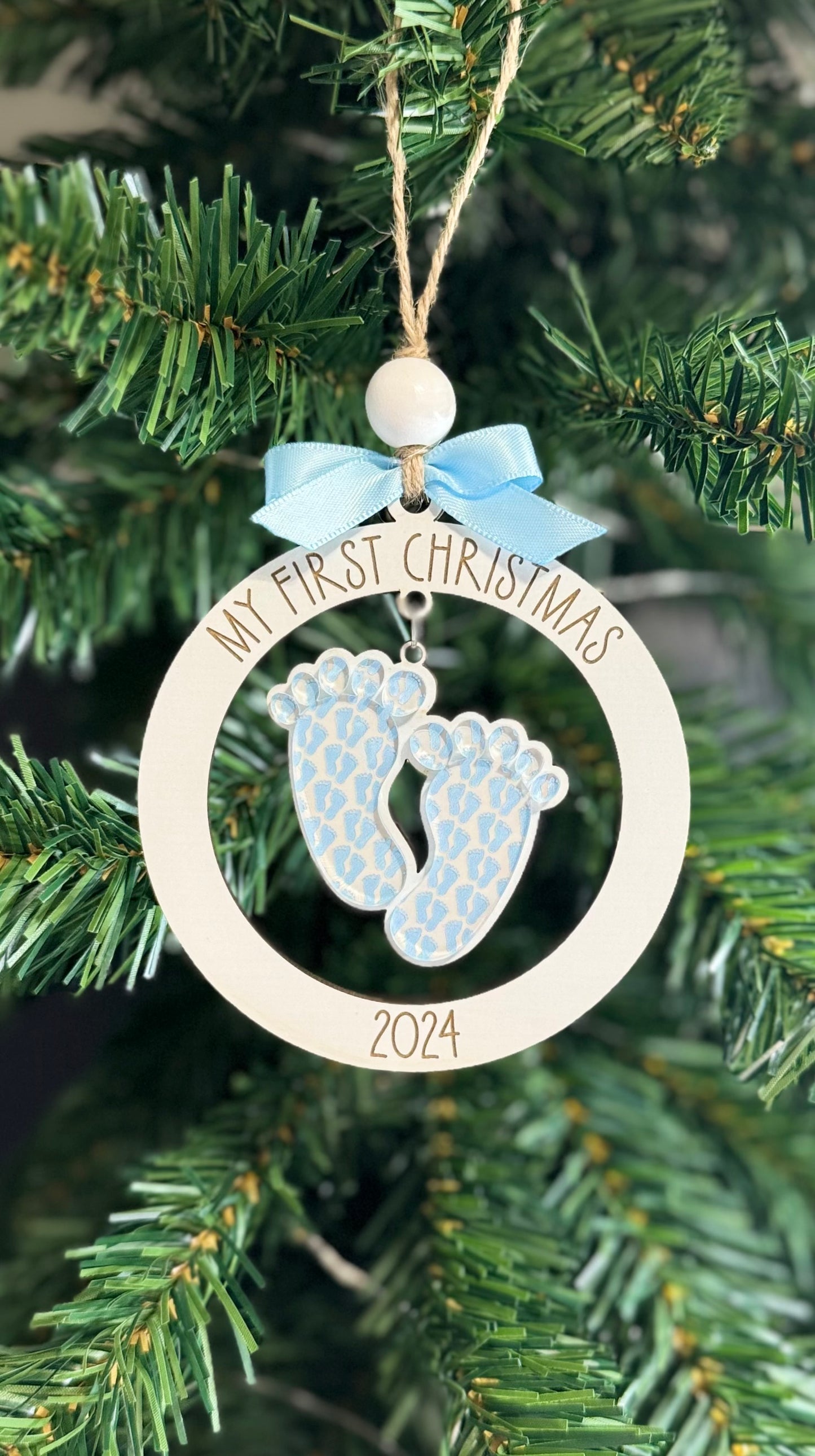 Baby Boy First Christmas Ornament - Blue Feet, Custom Year, Wood