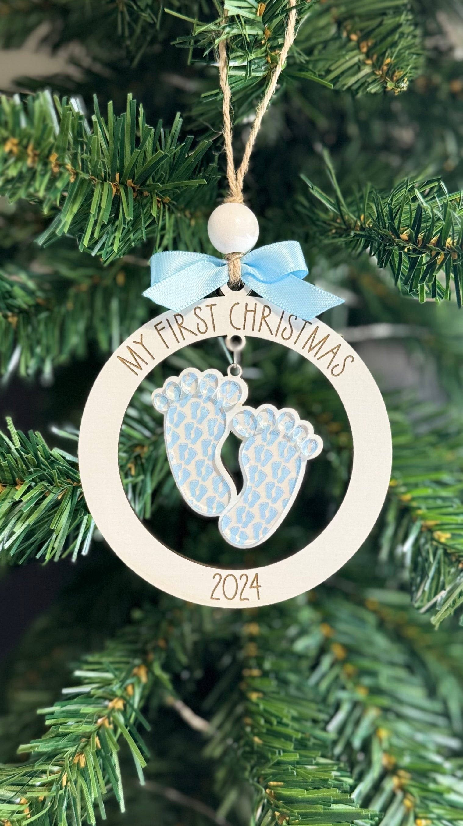 Baby Boy First Christmas Ornament - Blue Feet, Custom Year, Wood