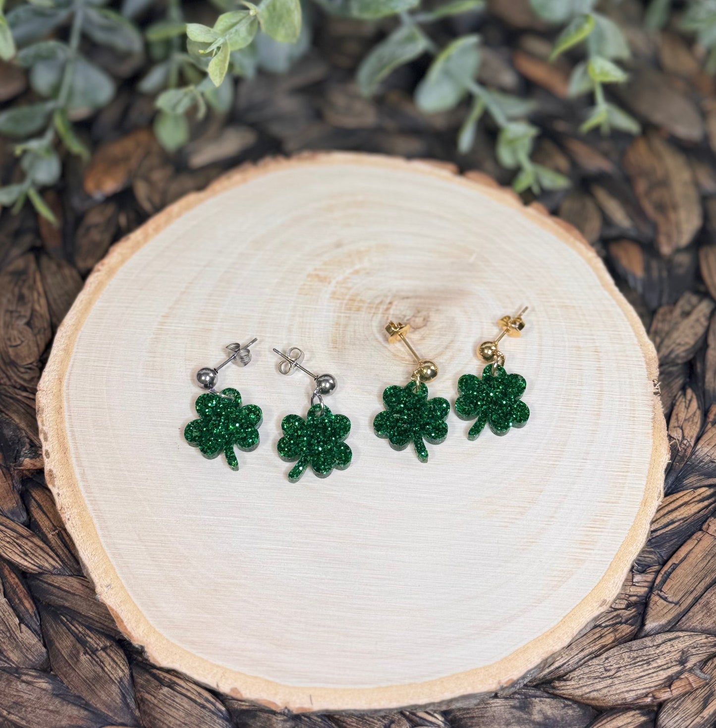 Mini Green Glitter Shamrock Earrings