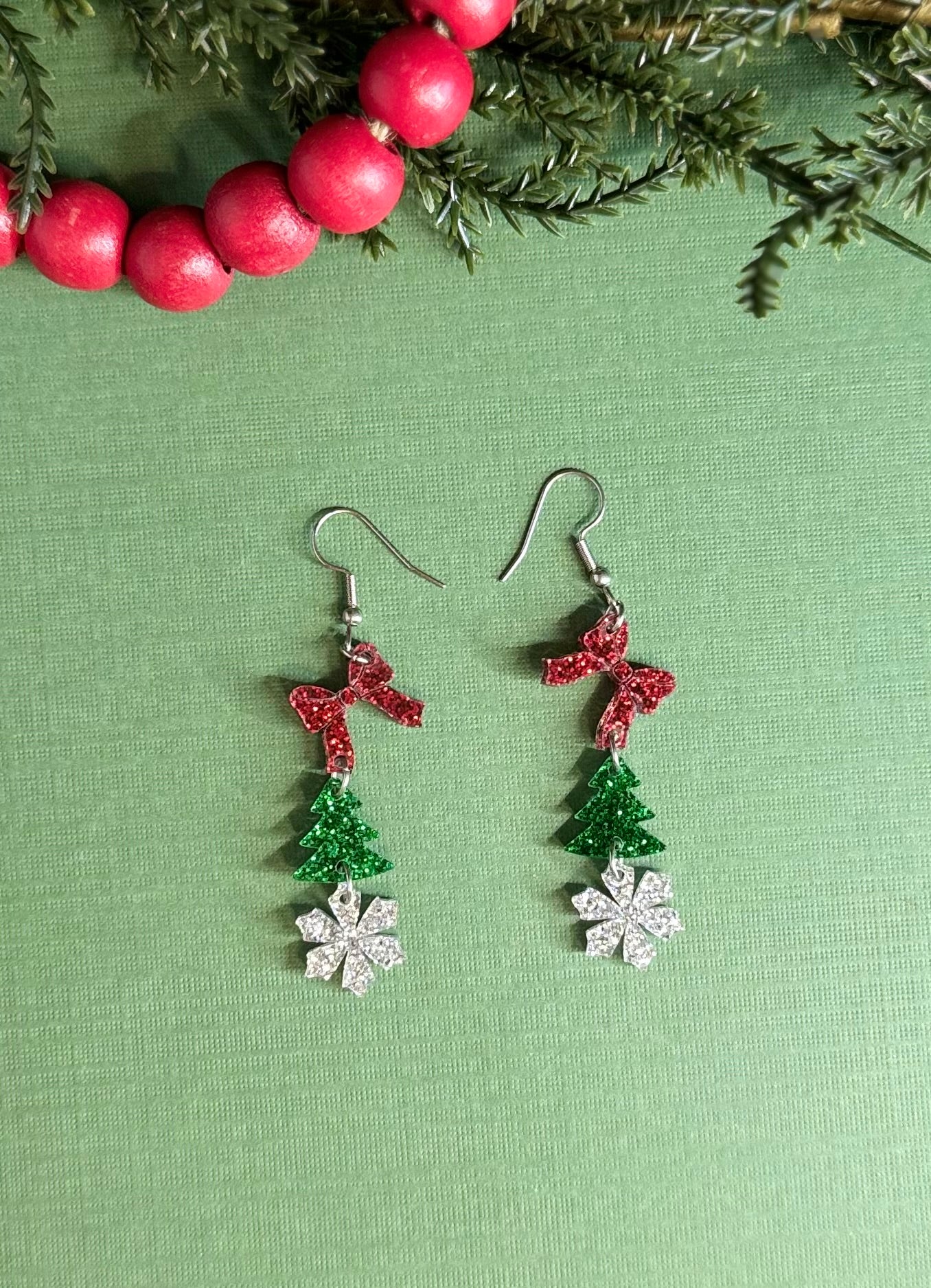 Christmas Bow, Tree and Snowflake Dangle Earrings