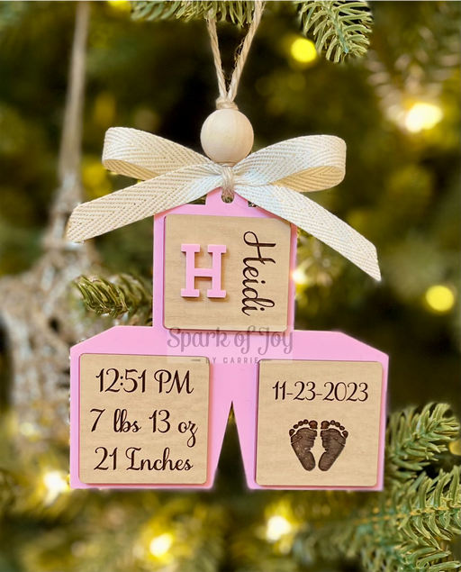 First Christmas Ornament: Baby's Birth Stats in Pink or Blue Acrylic