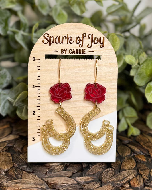 Kentucky Derby Rose & Horseshoe Dangle Earrings