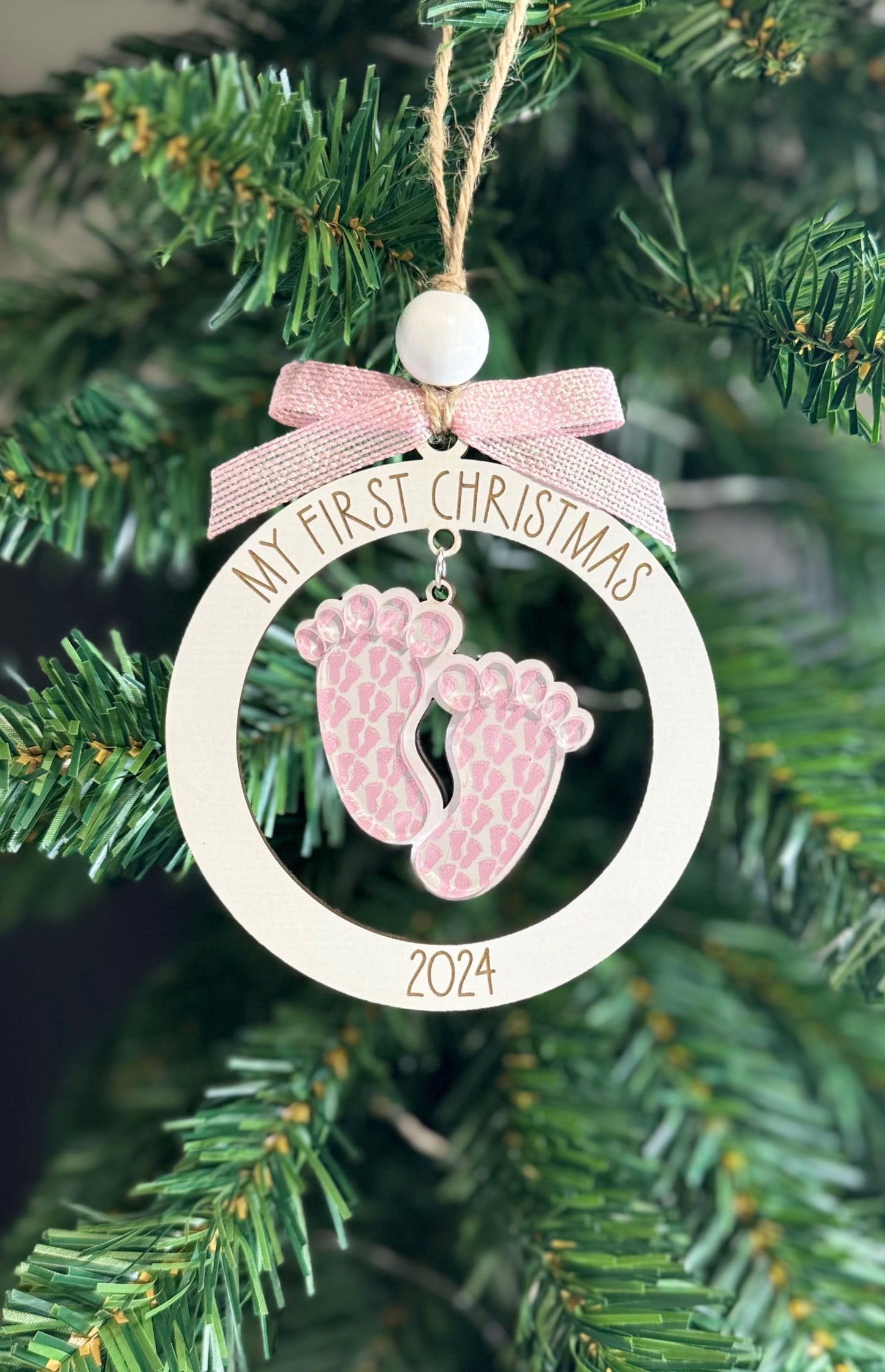 Girl's Personalized First Christmas Ornament - Pink Feet, Custom Year