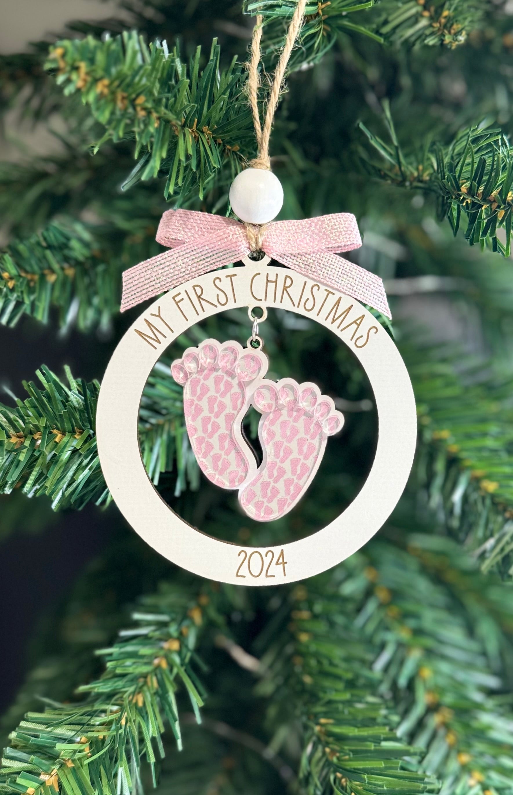 Girl's Personalized First Christmas Ornament - Pink Feet, Custom Year