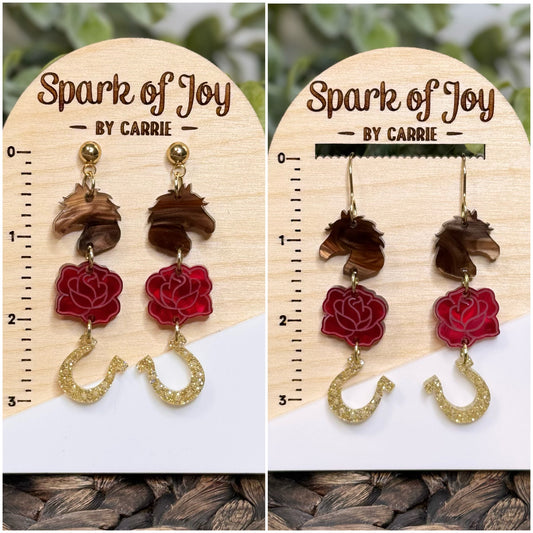 Kentucky Derby Triple Charm Dangle Earrings | Horse, Rose & Horseshoe